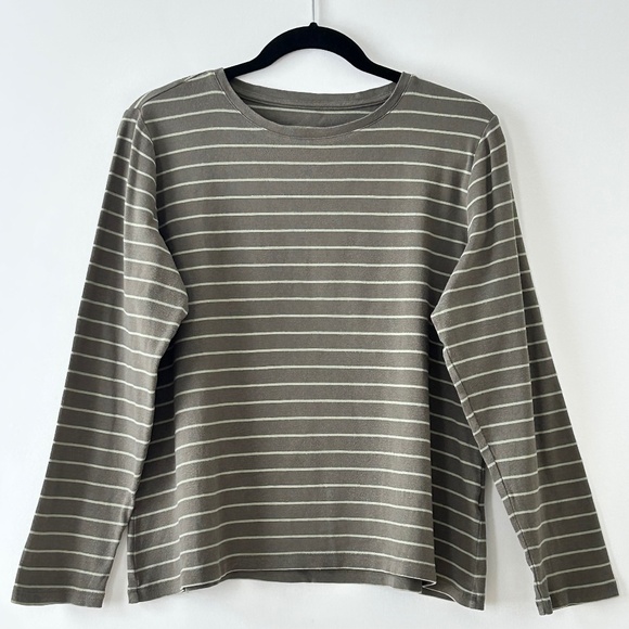 Christopher & Banks 100% Cotton Olive Green Striped Crewneck Long Sleeve Tee Top - Picture 1 of 16